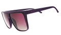 Three-quarter angle view of oversized, dark purple flat-top sunglasses with deep purple gradient lenses.