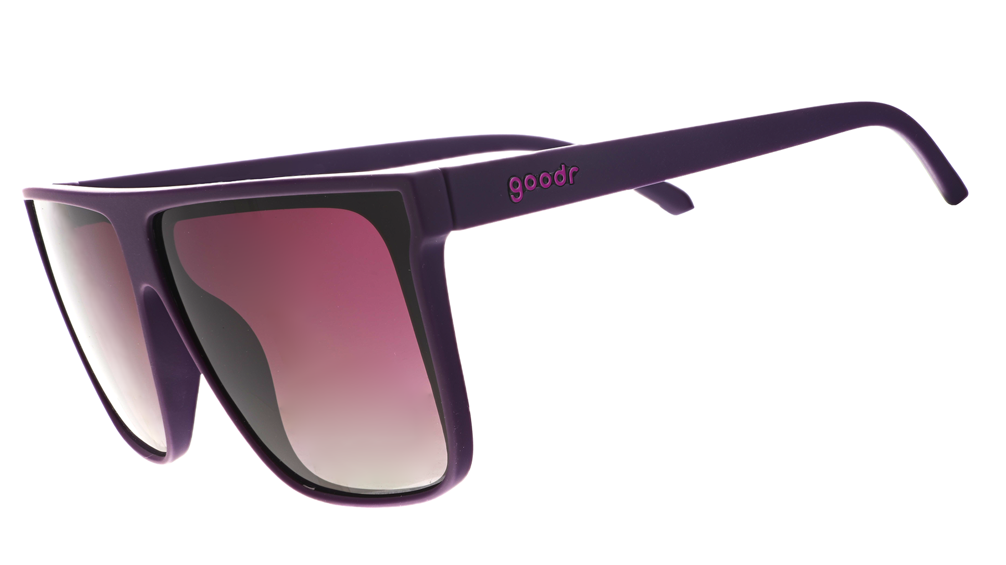 Three-quarter angle view of oversized, dark purple flat-top sunglasses with deep purple gradient lenses.