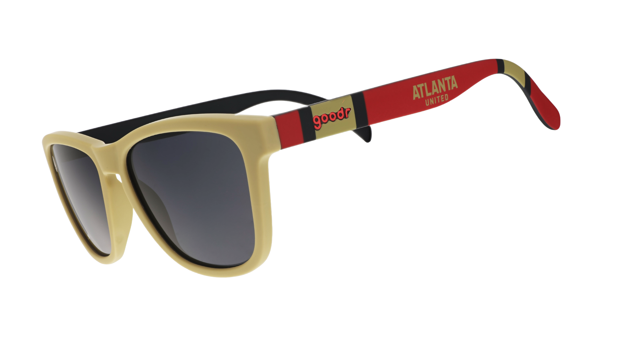 Three-quarter angle view of Major League Soccer Atlanta United shades. Gold+red frames. Black non-reflective lenses.