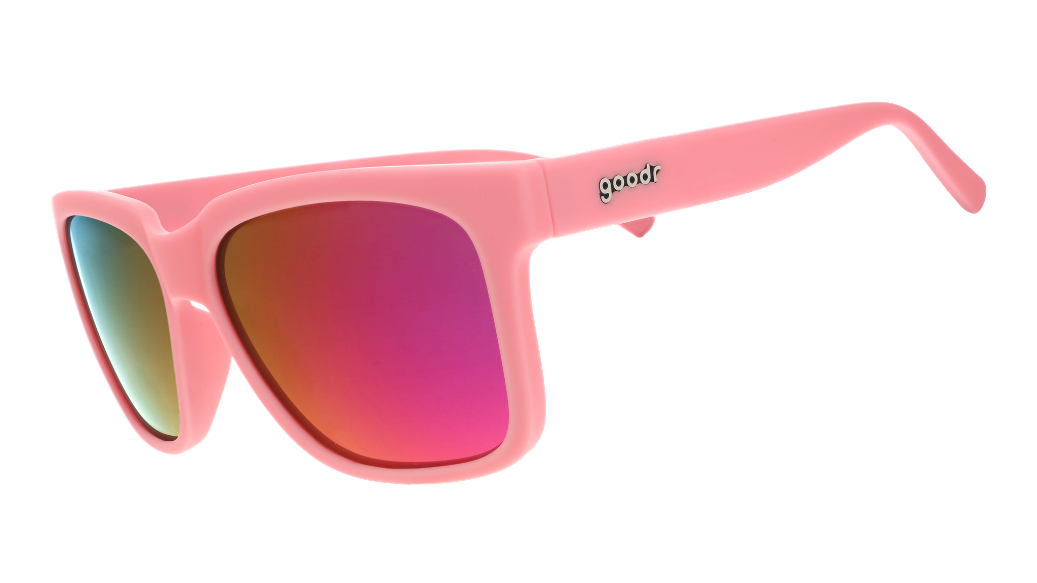 Three-quarter angle view of pink sunglasses with pink-purple lenses designed to float in water.
