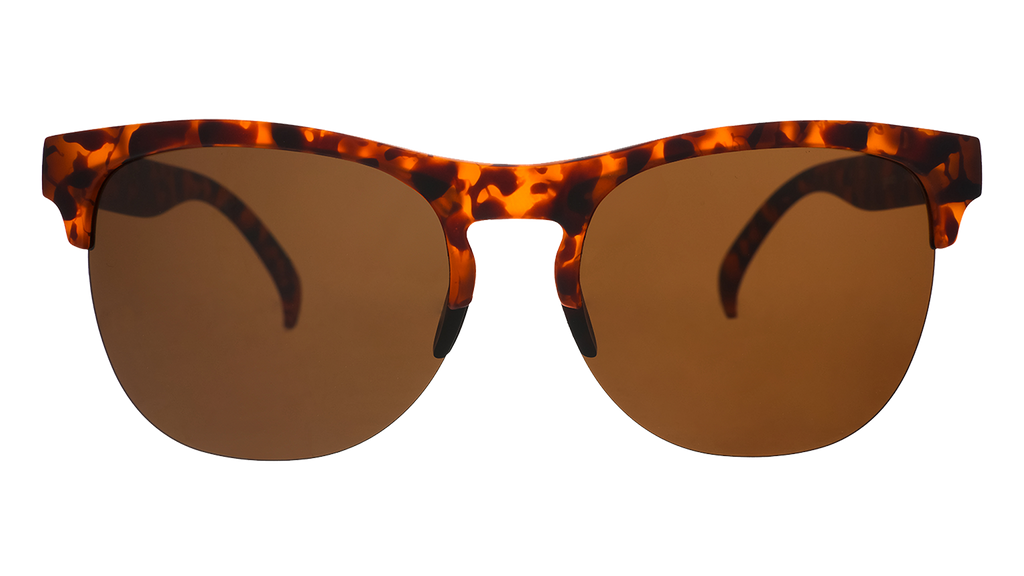 Front view of fashionable brown tortoiseshell half-rim sunglasses with polarized non-reflective brown lenses.
