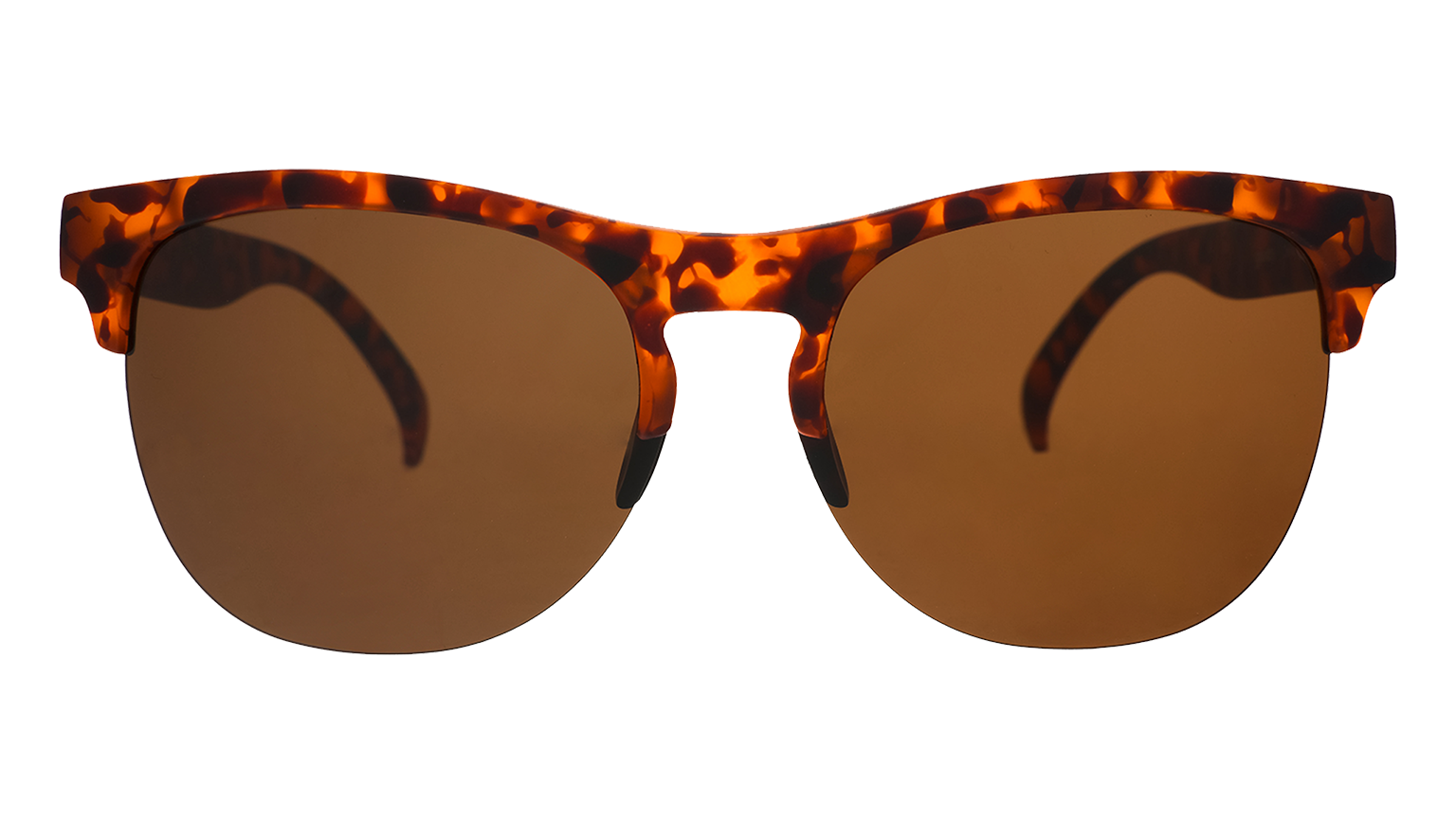 Front view of fashionable brown tortoiseshell half-rim sunglasses with polarized non-reflective brown lenses.