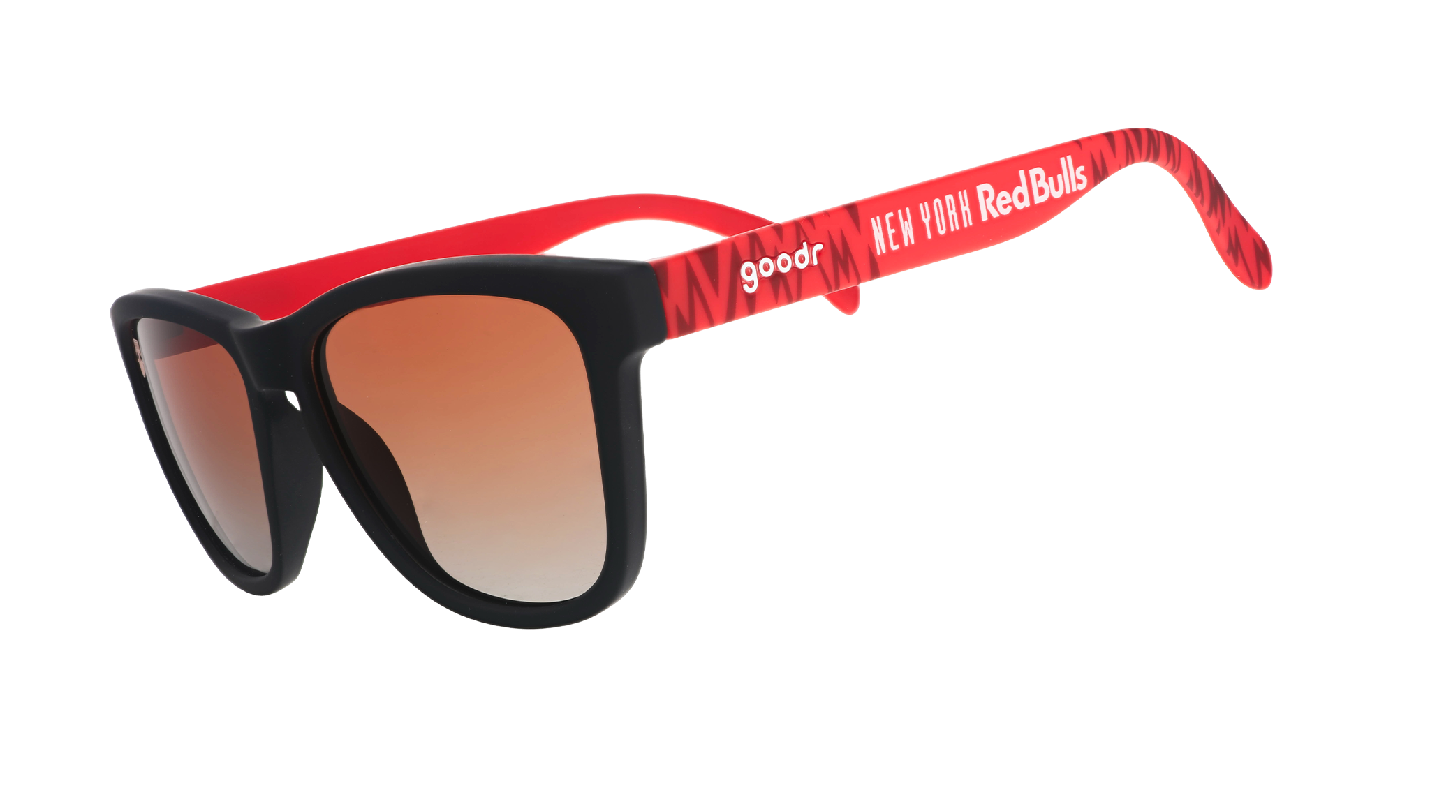 Three-quarter angle view of MLS New York Red Bulls shades tilted down. Red+black frames. Orange+gold gradient lenses.