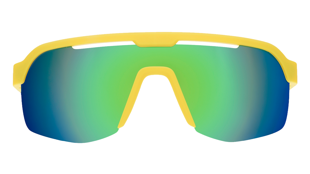 Front view of yellow shield sunglasses with oversized light green mirrored lenses.