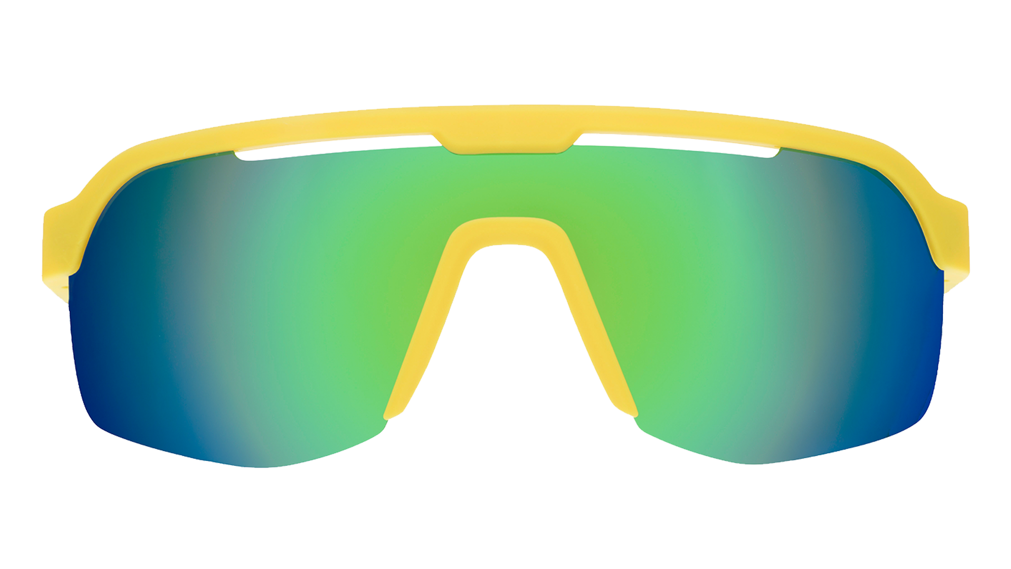 Front view of yellow shield sunglasses with oversized light green mirrored lenses.