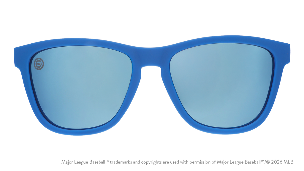 Front view of Cubs shades with blue faceplate and ice blue reflective lenses with the team's Wishbone C logo lens etch.