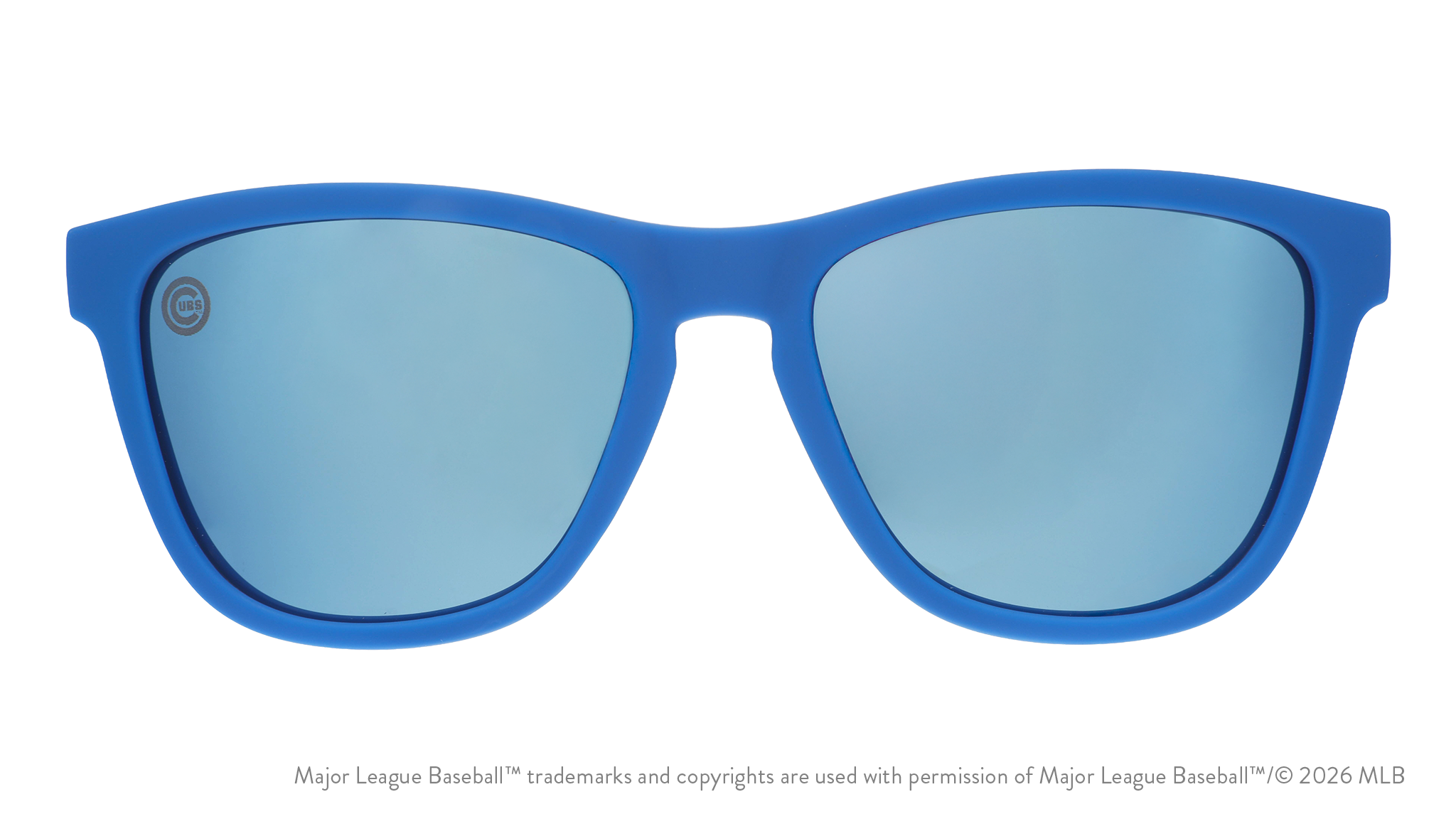 Front view of Cubs shades with blue faceplate and ice blue reflective lenses with the team's Wishbone C logo lens etch.