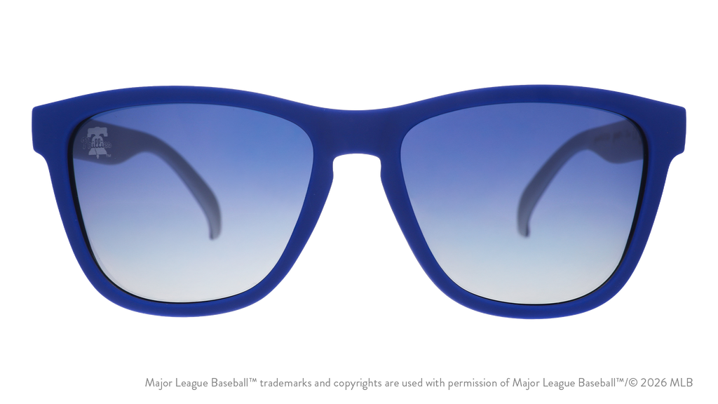 Front view of Phillies shades with blue faceplate. Blue gradient lenses have the Liberty Bell logo etched on the left lens.