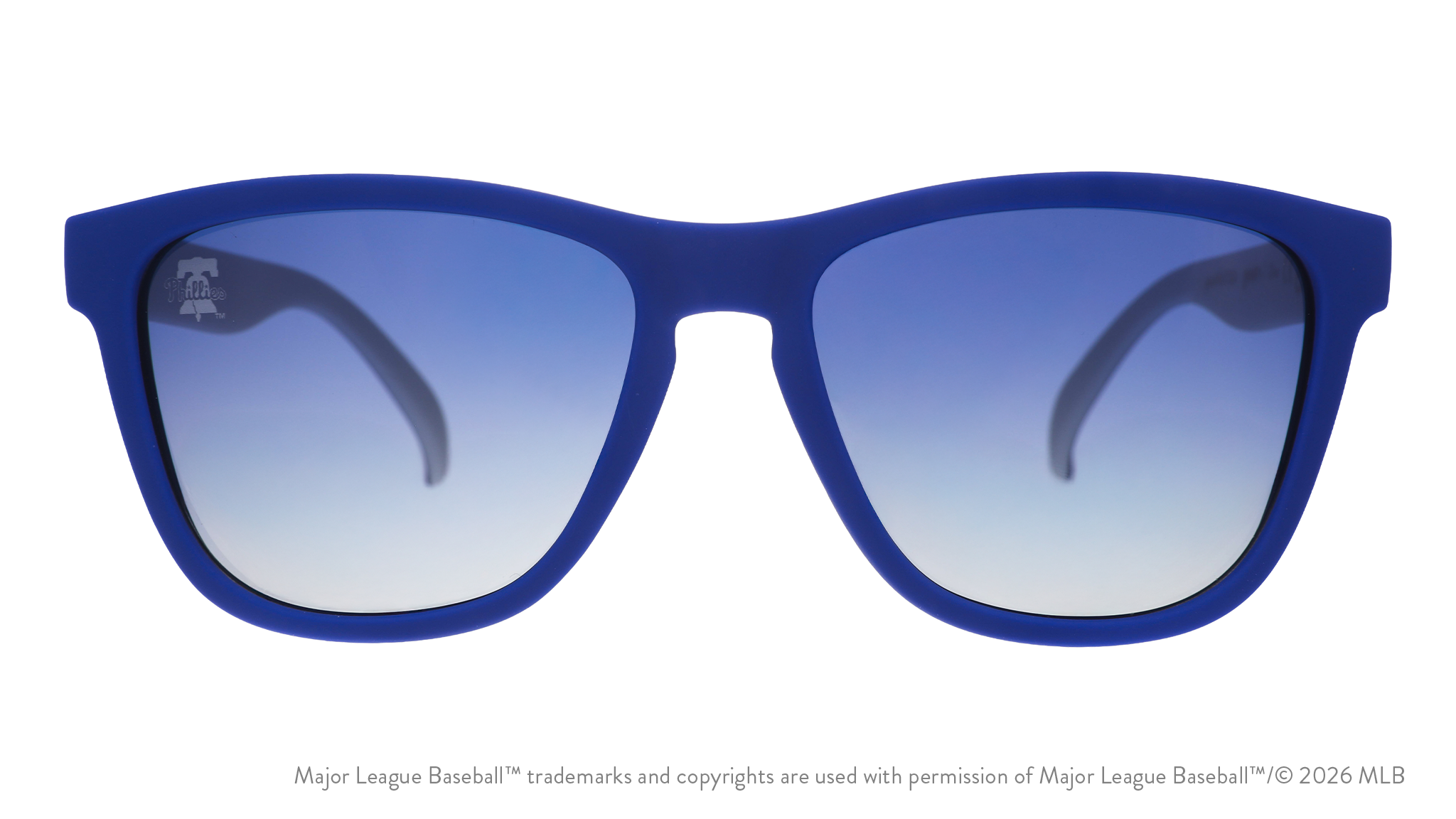 Front view of Phillies shades with blue faceplate. Blue gradient lenses have the Liberty Bell logo etched on the left lens.