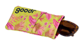 Three-quarter angle view of a soft fabric sunglasses case featuring a tropical design. A pair of tortoiseshell shades is shown partially pulled out.
