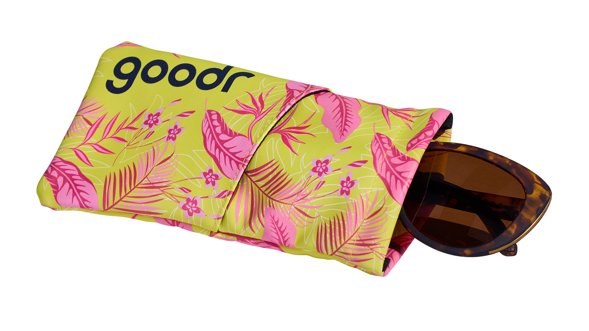 Three-quarter angle view of a soft fabric sunglasses case featuring a tropical design. A pair of tortoiseshell shades is shown partially pulled out.