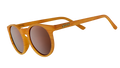 Three-quarter angle view of sunglasses with brown wood grain patterned circle frames, non-reflective round brown lenses.