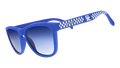 Three-quarter angle view of blue and white checkered sunglasses featuring blue gradient lenses and the University of Kentucky logo.