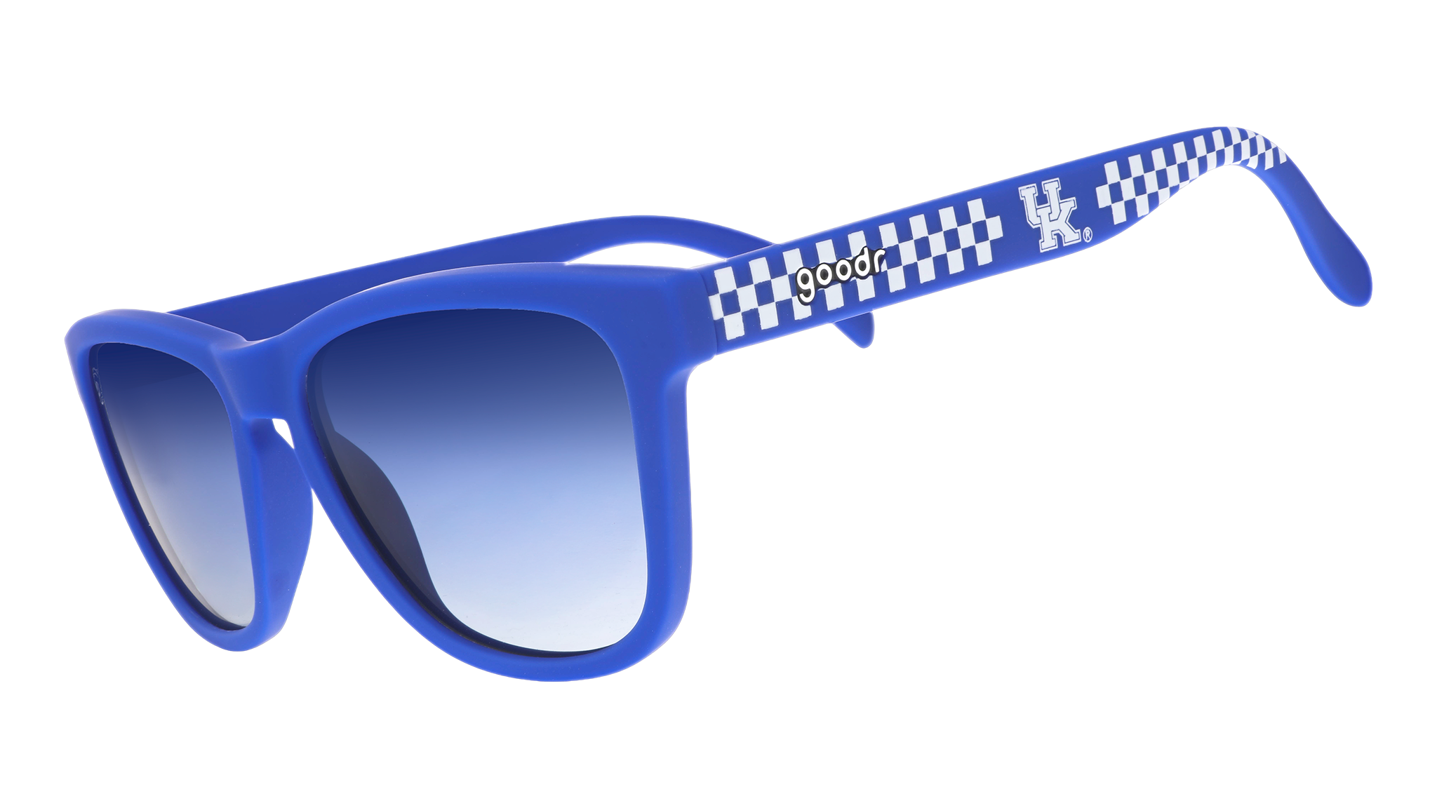 Three-quarter angle view of blue and white checkered sunglasses featuring blue gradient lenses and the University of Kentucky logo.