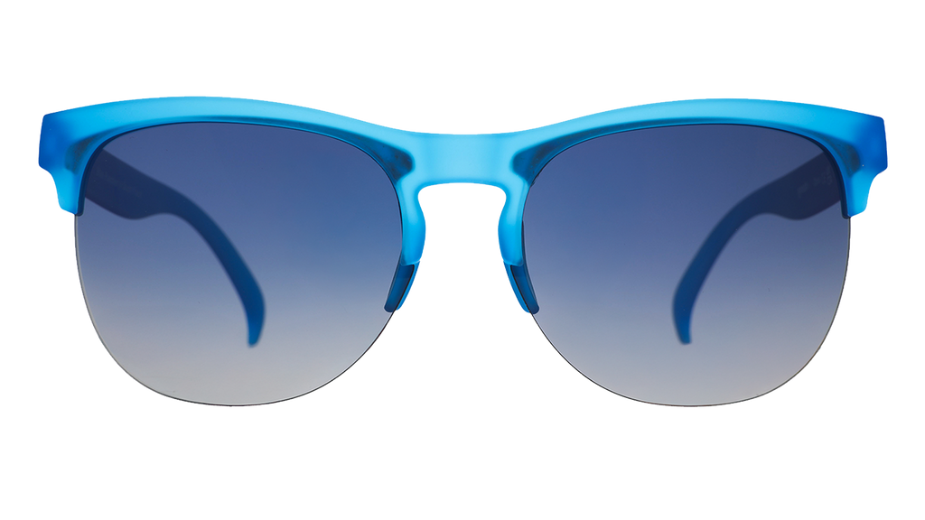 Front view of translucent blue half-rim Avant G sunglasses with blue gradient lenses.