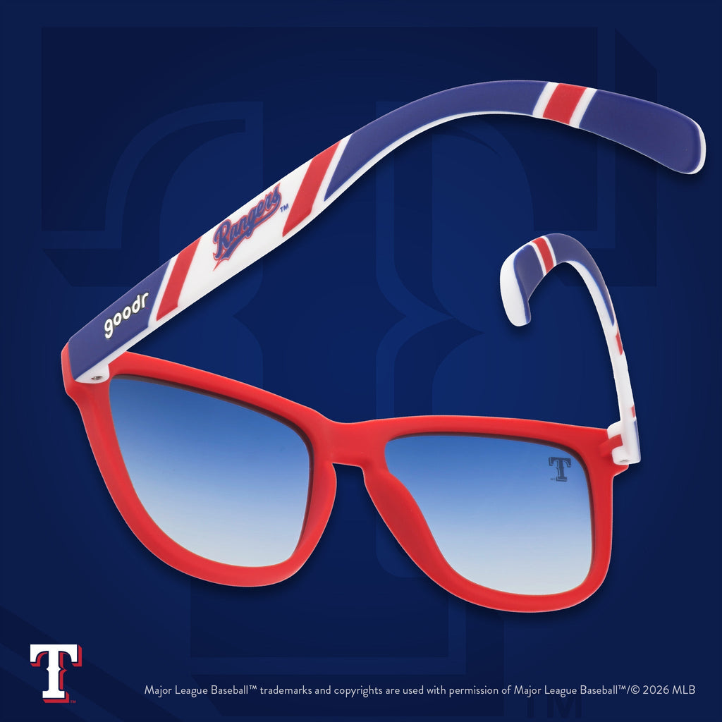 Red, white, and blue shades photographed from behind, floating against a blue background with the Texas T.
