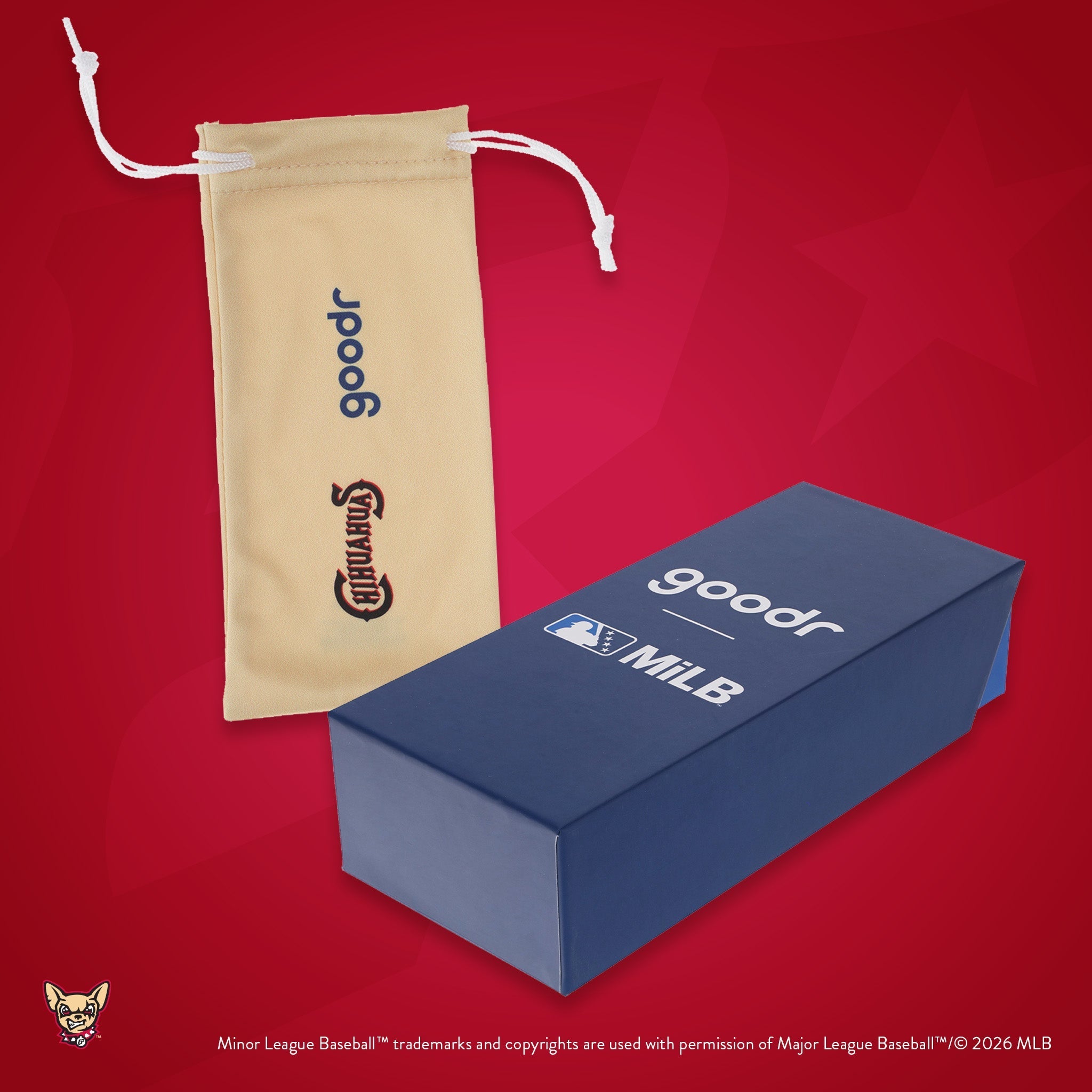 Front view of custom Minor League Baseball-themed packaging with a patterned microfiber bag and box.