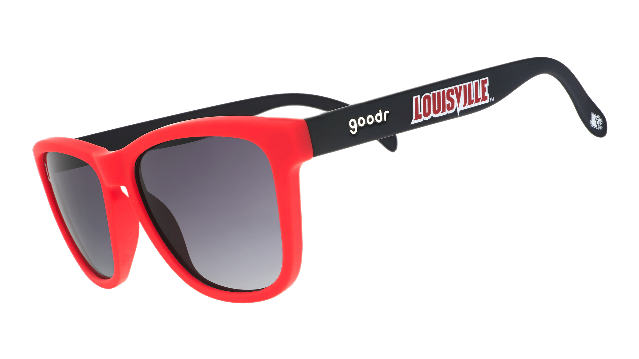 Three-quarter angle view of black and Cardinal red sunglasses featuring black gradient lenses and a Louisville logo.