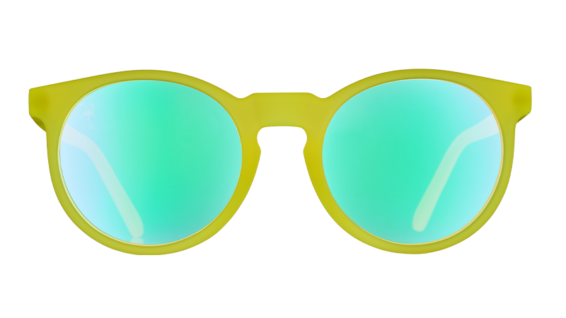 Front view of retro-inspired round yellow sunglasses with round rose-tinted lowlight lenses.
