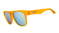 Three-quarter angle view of wide-fit orange sunglasses with square light blue reflective lenses.