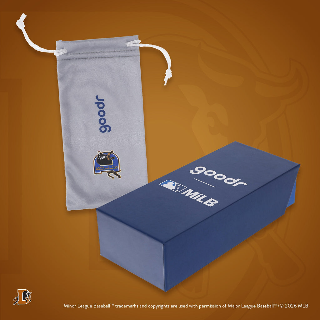 Front view of custom Minor League Baseball-themed packaging with a patterned microfiber bag and box.