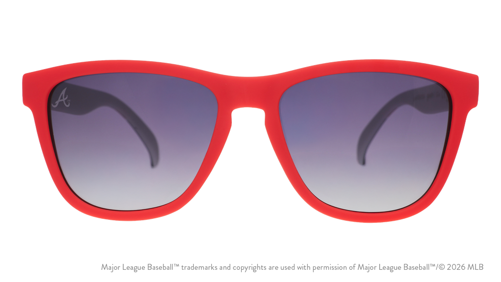 Front view of Braves shades with red faceplate. Blue gradient lenses have the A logo etched on the left lens.
