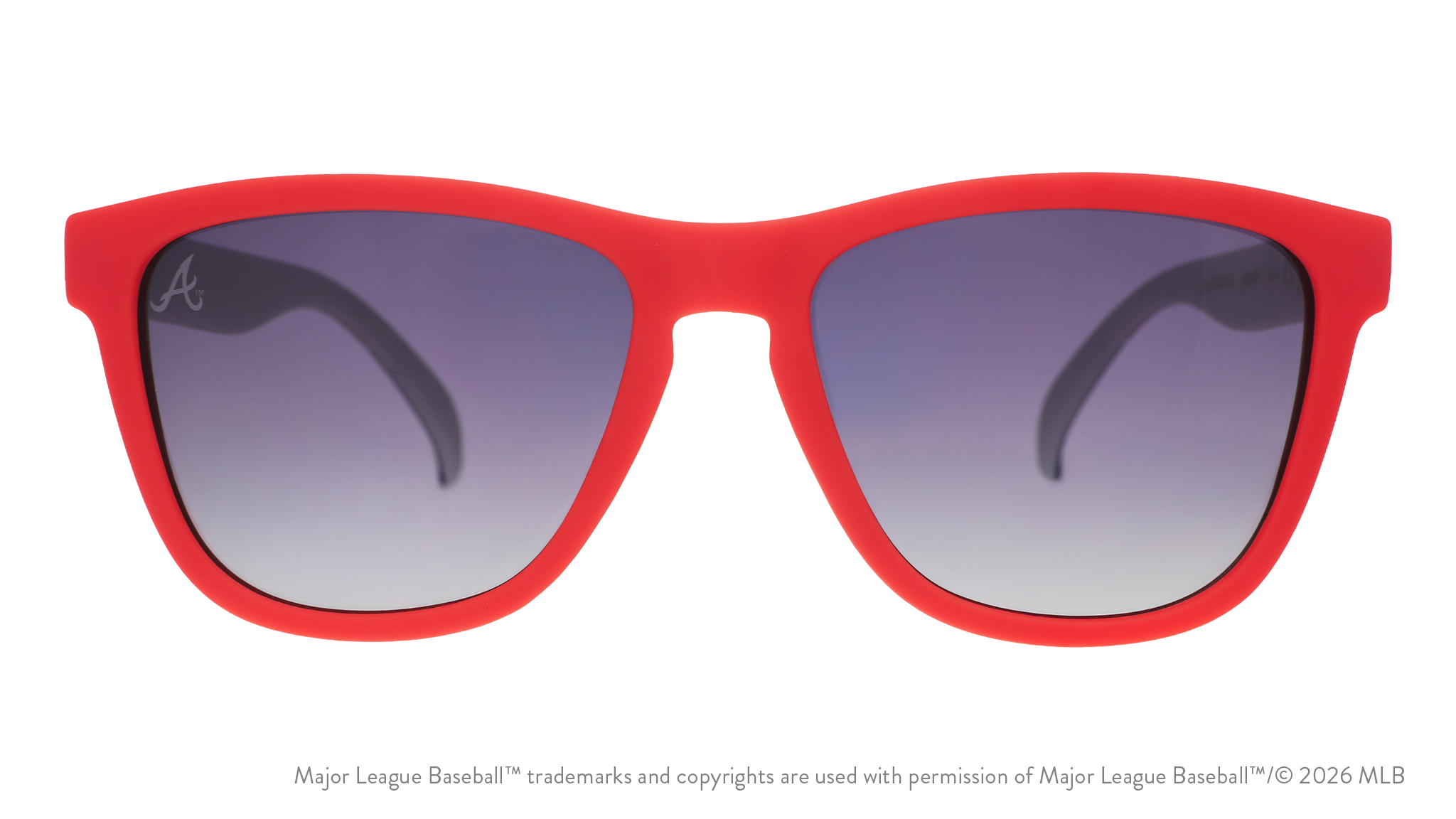 Front view of Braves shades with red faceplate. Blue gradient lenses have the A logo etched on the left lens.