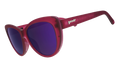Three-quarter angle view of translucent purple cat-eye sunglasses with purple reflective lenses.