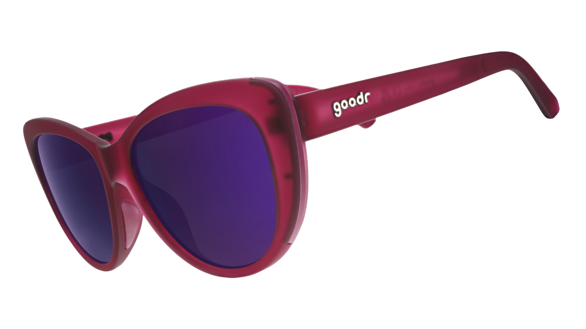 Three-quarter angle view of translucent purple cat-eye sunglasses with purple reflective lenses.