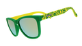 Green and yellow sunglasses with mirrored lenses, featuring a pattern of Oregon Ducks symbols and logos on the arms.