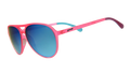 Three-quarter angle view of pink aviator sunglasses with mirrored reflective teal lenses.