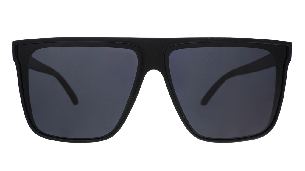 Front view of fashionable oversized black flat-top glasses with black non-reflective lenses.
