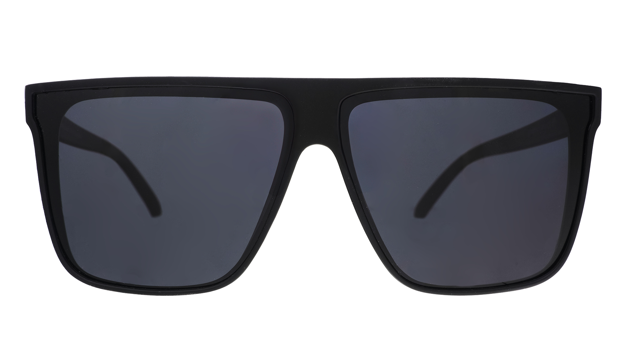 Front view of fashionable oversized black flat-top glasses with black non-reflective lenses.