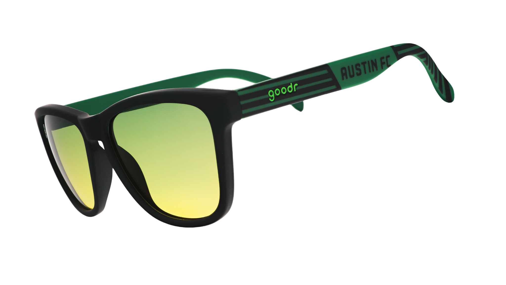 Three-quarter angle view of Austin FC Major League Soccer sunglasses with green and black frames and green-yellow lenses