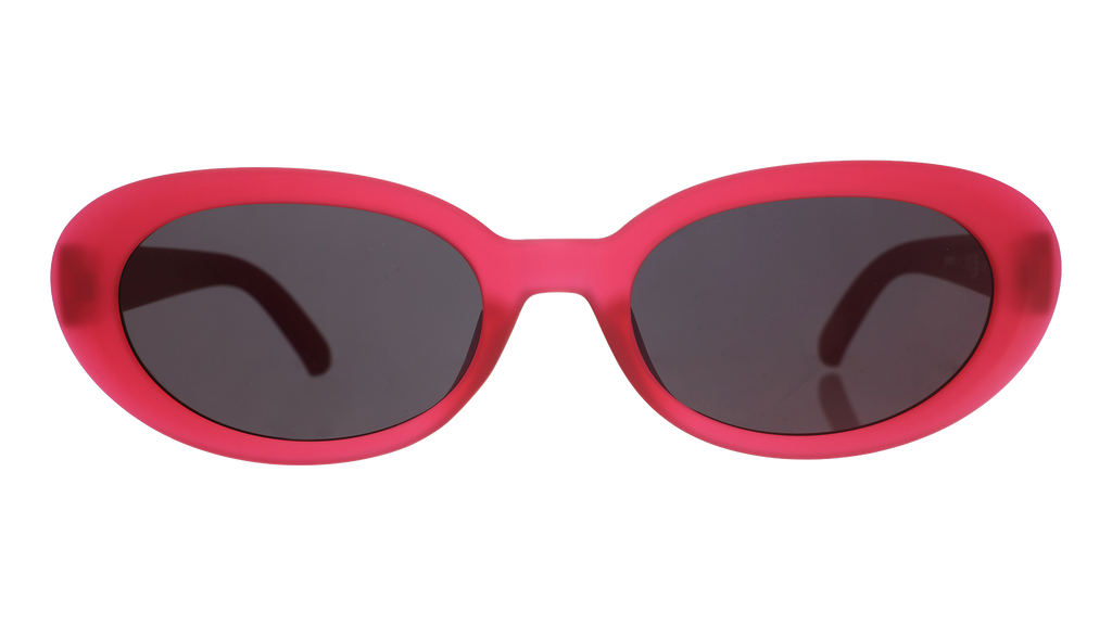 Front view of hot pink oval sunglasses with dark red polarized lenses against a white background.