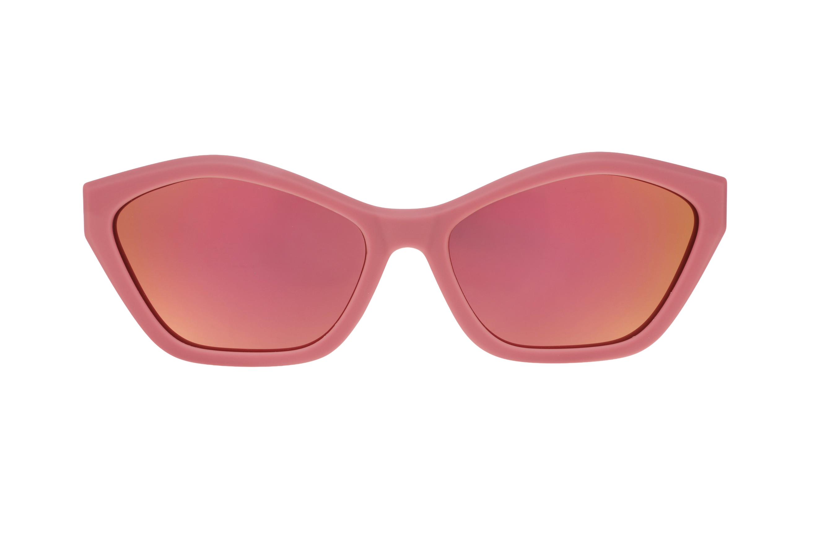 Pink sunglasses with red-tinted lenses on a white background
