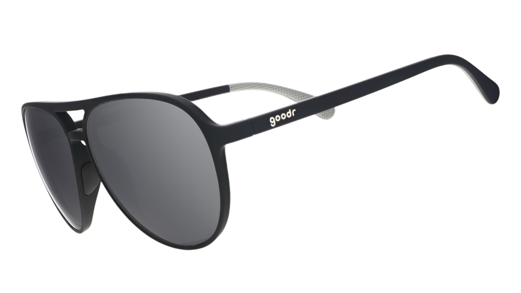 Three-quarter angle view of aviator sunglasses with black frames and chrome reflective lenses on a white background.