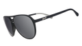 Three-quarter angle view of aviator sunglasses with black frames and chrome reflective lenses on a white background.