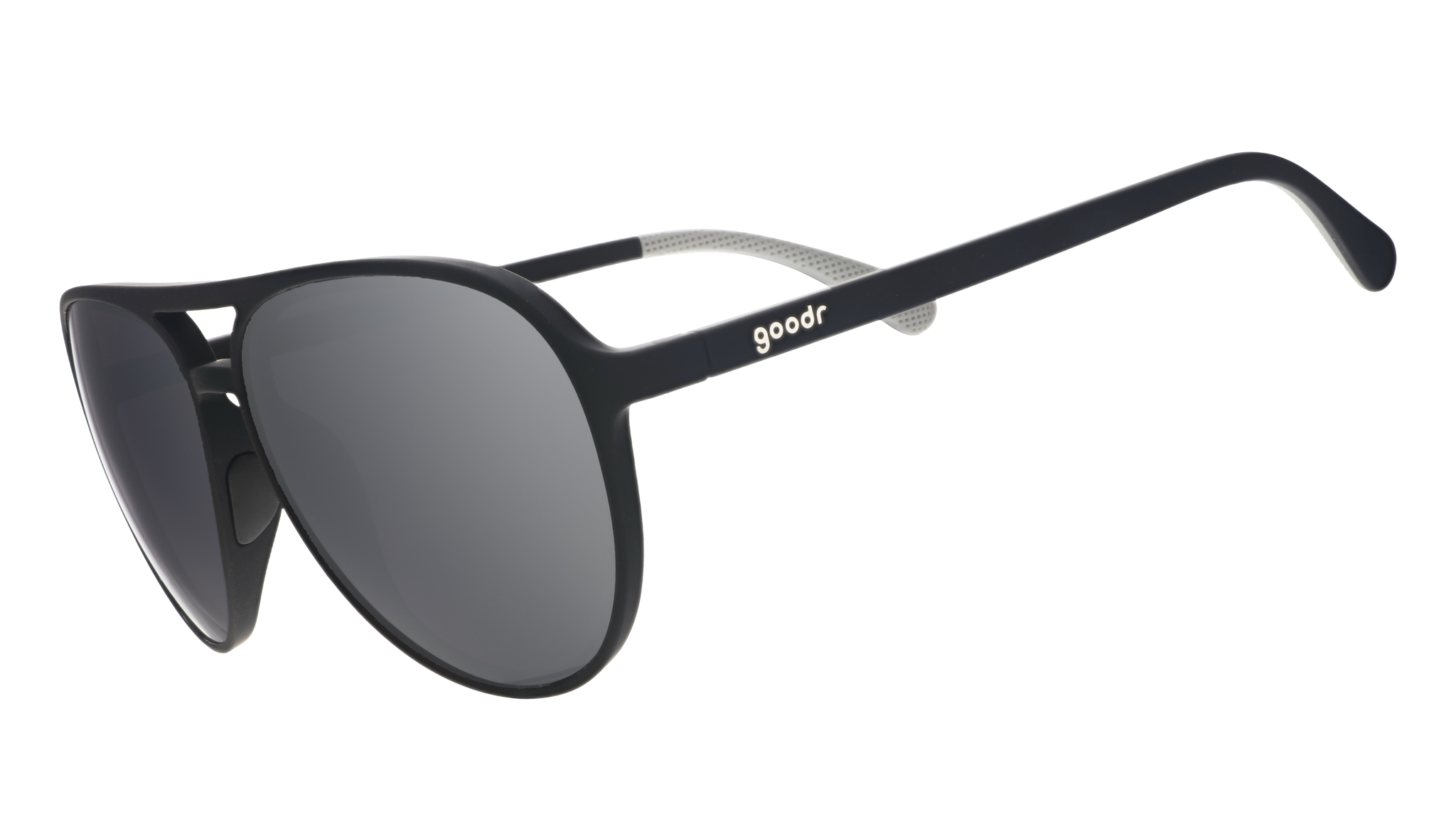 Three-quarter angle view of aviator sunglasses with black frames and chrome reflective lenses on a white background.