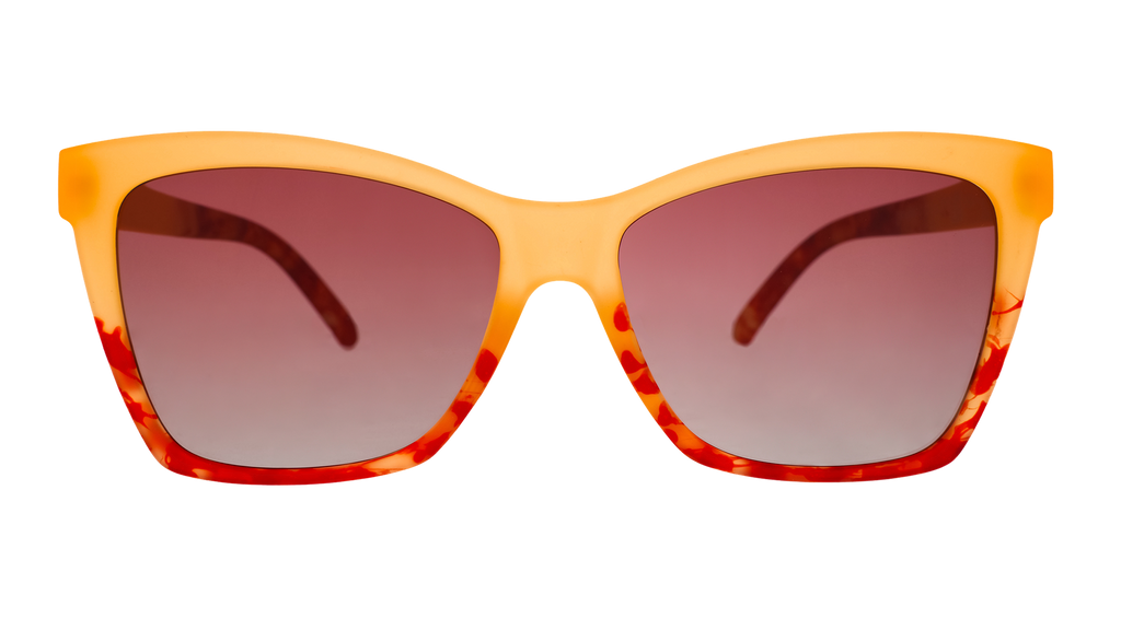 Front view of translucent yellow-orange sunglasses with red hand-painted whirls & rose ocean gradient lenses.