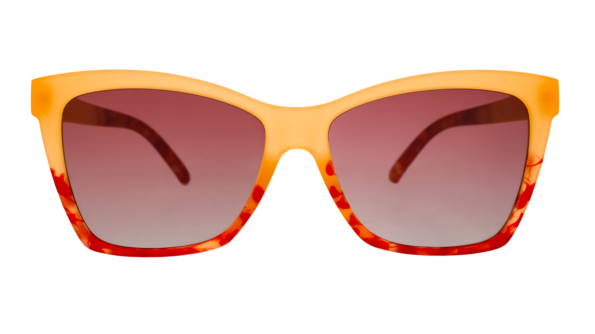 Front view of translucent yellow-orange sunglasses with red hand-painted whirls & rose ocean gradient lenses.