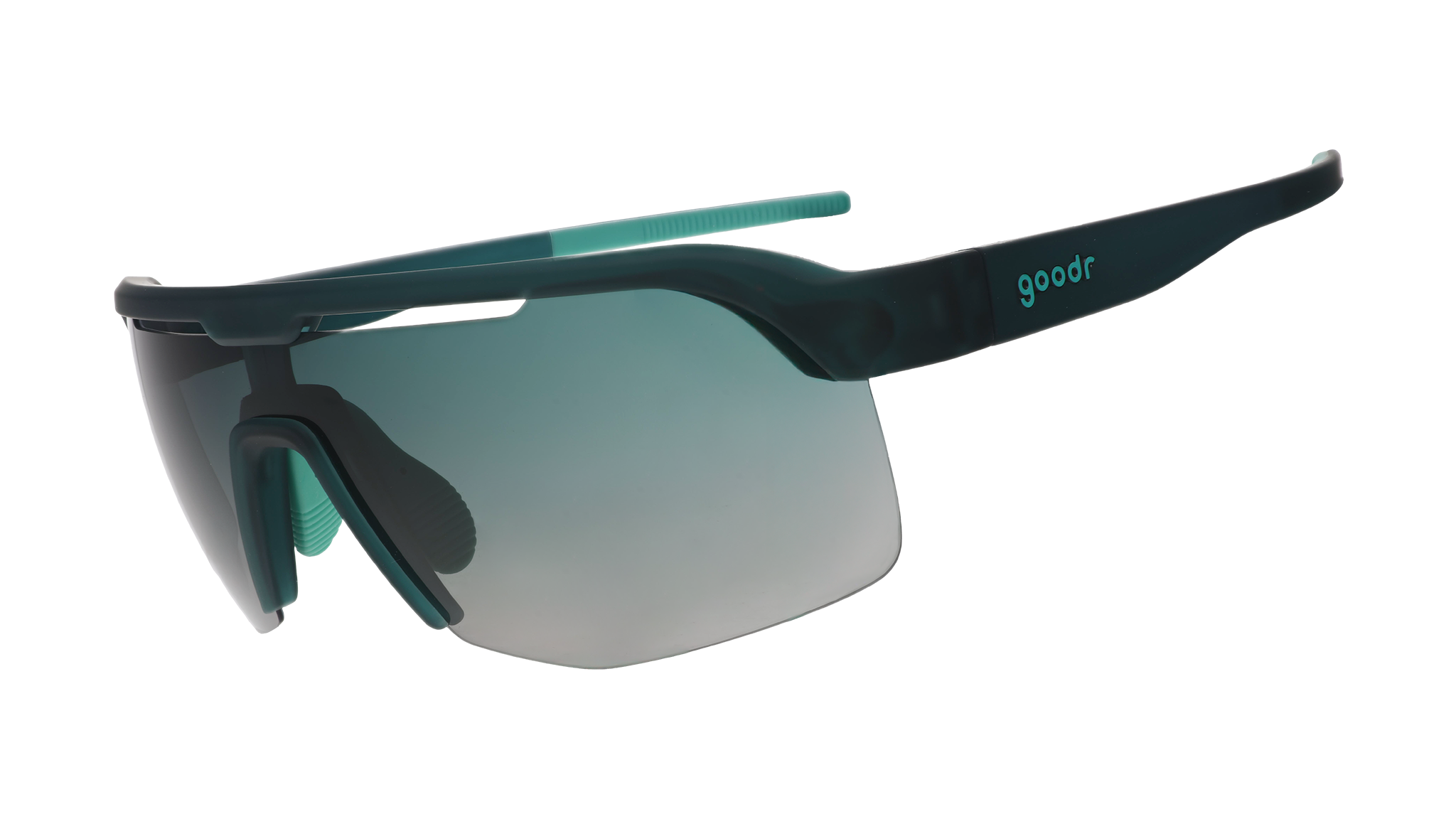 Three-quarter angle view of dark teal Bolt Gs with green gradient lenses.