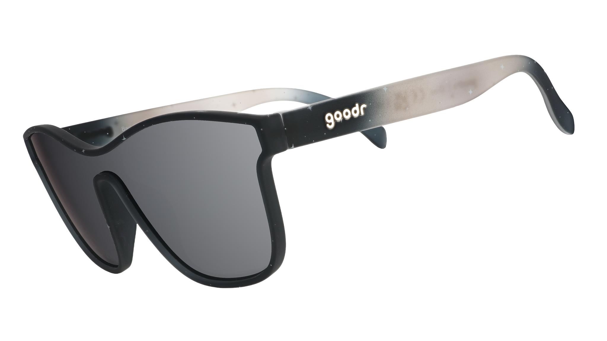 Three-quarter view of translucent black and gray ombre VRG frames featuring a cosmos design and chrome reflective lens.