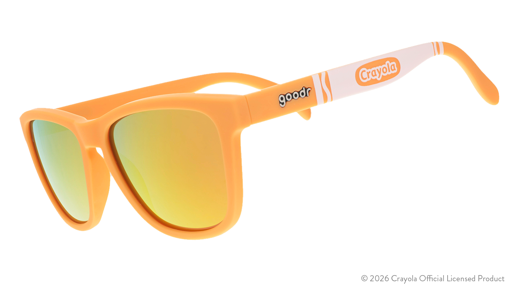 Three-quarter angle view of tan sunglasses w/ white Crayola marker pattern + amber reflective lenses tilted down.