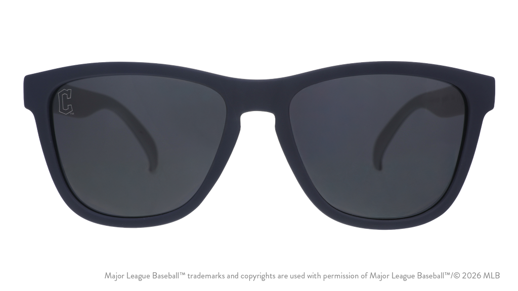 Front view of Guardians shades with navy faceplate. Black non-reflective lenses have the C logo etched on the left lens.
