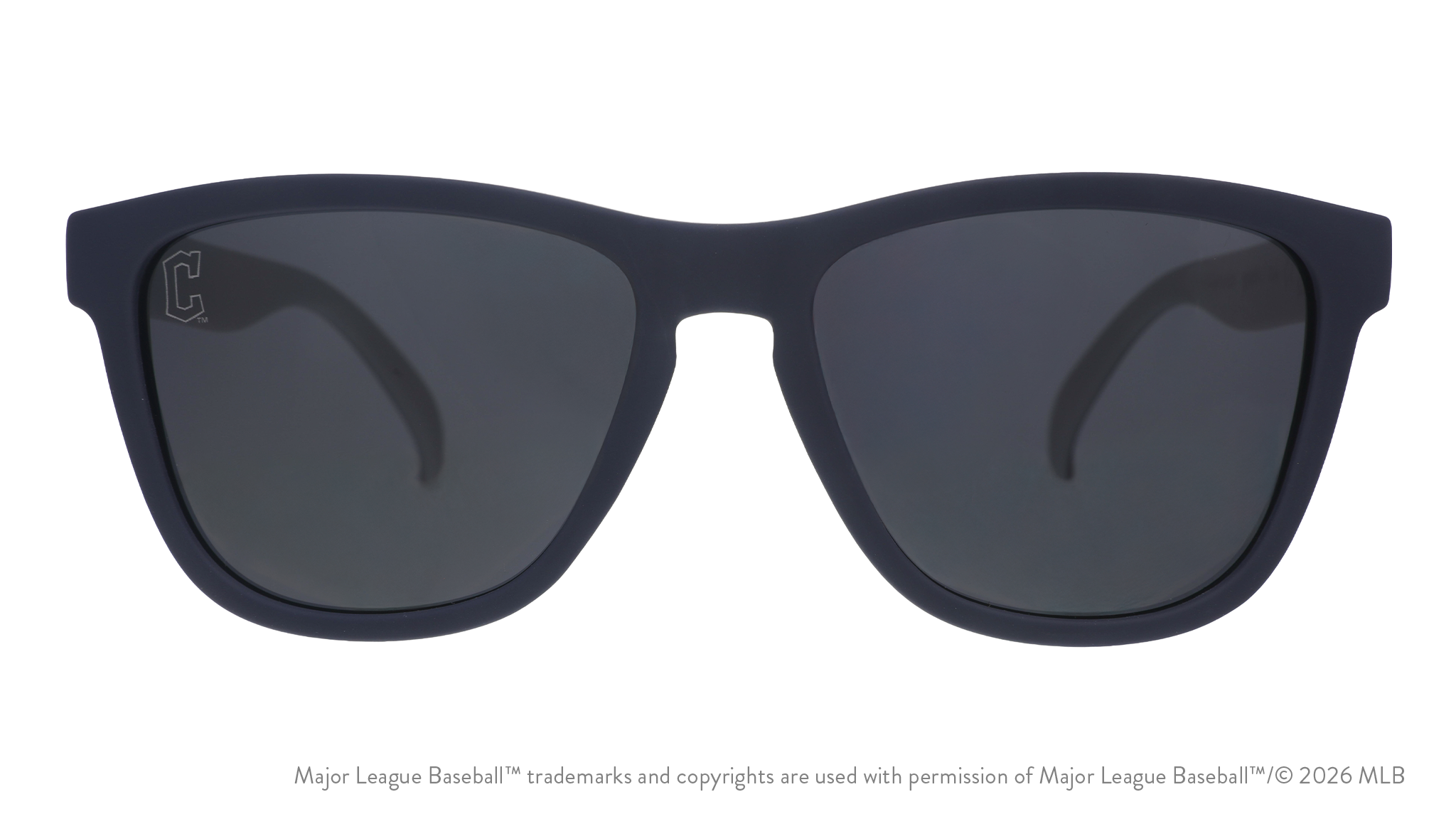 Front view of Guardians shades with navy faceplate. Black non-reflective lenses have the C logo etched on the left lens.