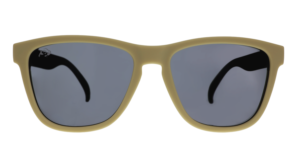 Front view of light brown and black sunglasses with black lenses.