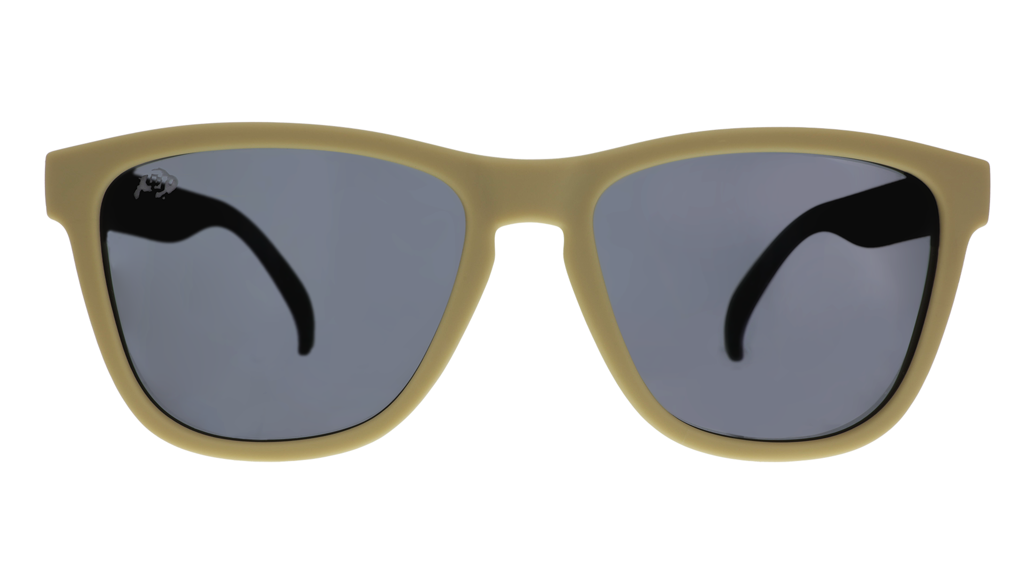 Front view of light brown and black sunglasses with black lenses.