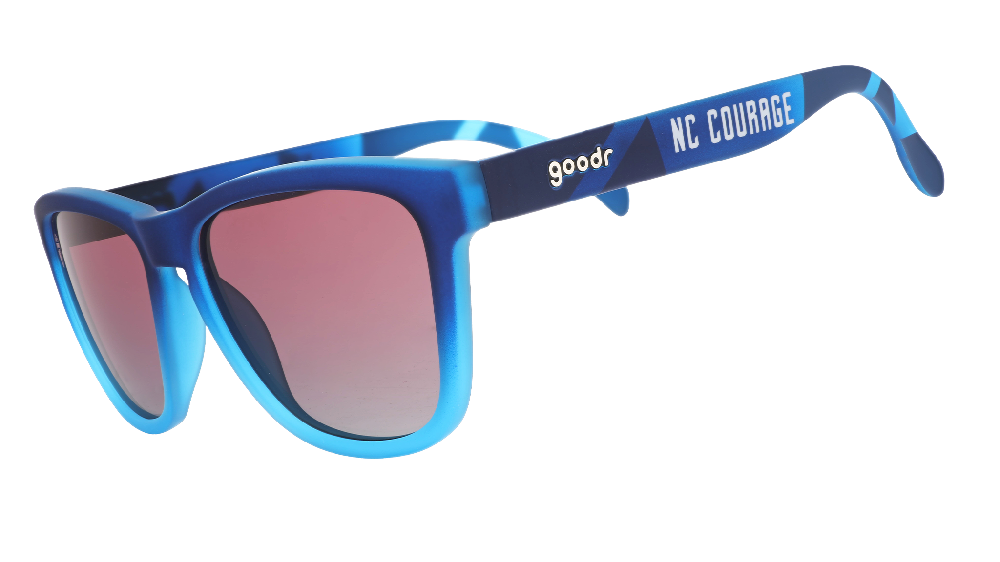 Three-quarter angle view of Atlantic blue frames with rose gradient lenses and NC Courage logo.