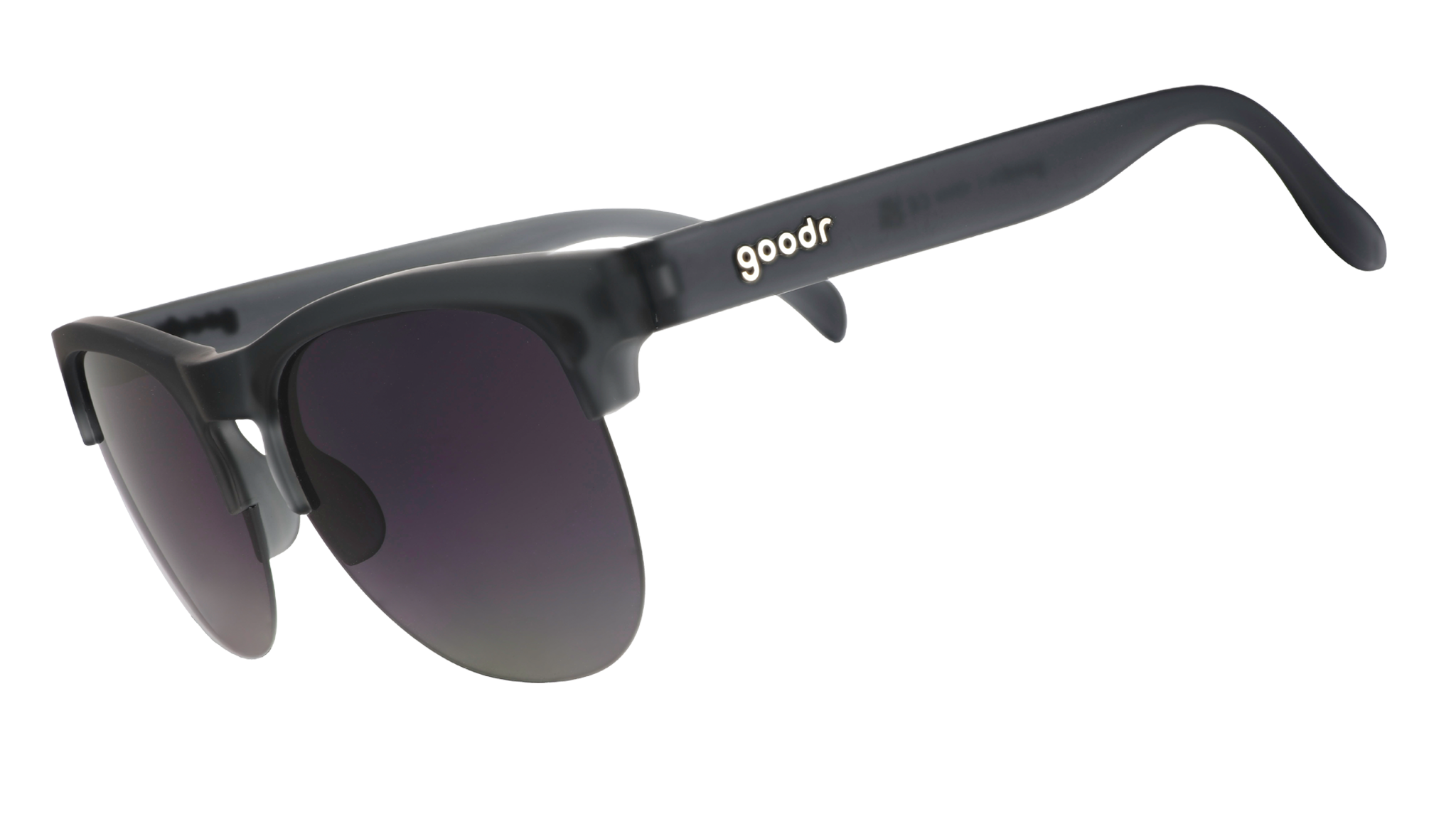 Three-quarter angle view of gray translucent half-rim sunglasses featuring gradient gray lenses.